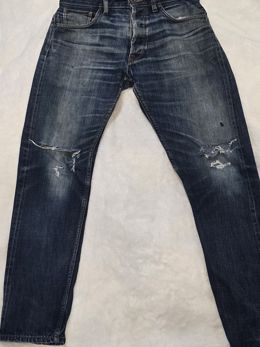 Railcar Fine Goods USA Made Distressed Raw Denim Jeans Heavy Fading Distressed